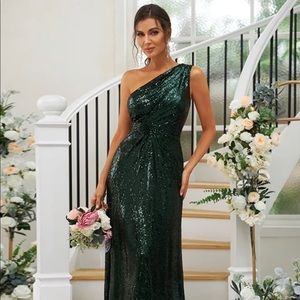 Sheath/Column Sequins Ruched One-Shoulder Sleeveless Sweep/Brush Train Dress